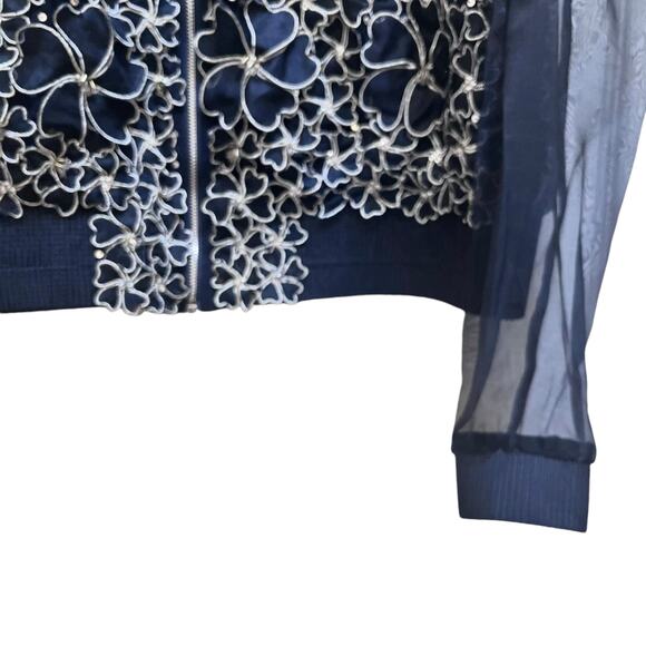 Elie Tahari Navy Silver Floral Lace Sheer Organza Silk Bomber Jacket Size Medium - Picture 5 of 12